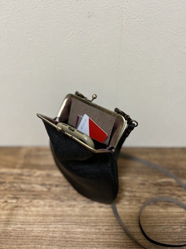 姫路レザーがま口ポシェット◇焦げ茶 カード入れ スマホショルダー
