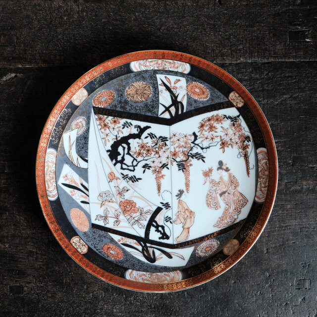 花と鳳凰と貴族◇佐治貿易 SAJI HANDMALEREI 輸出用 色絵金彩大皿 飾り