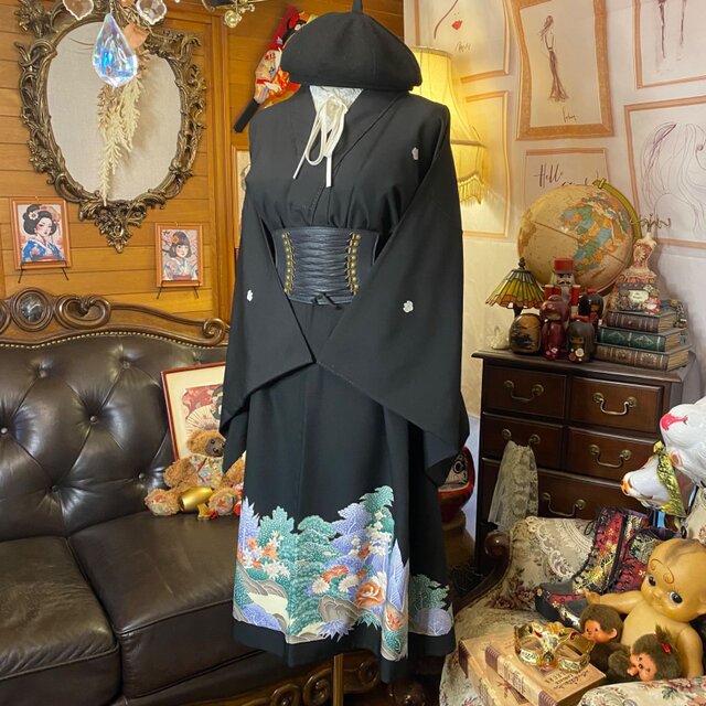 訳あり】黒留袖 着物 リメイク ワンピース ドレス 和洋折衷 洗える