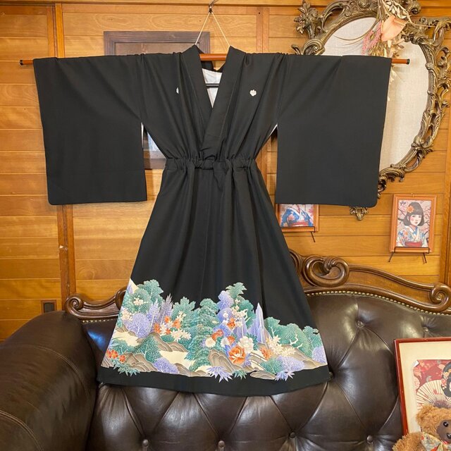 訳あり】黒留袖 着物 リメイク ワンピース ドレス 和洋折衷 洗える