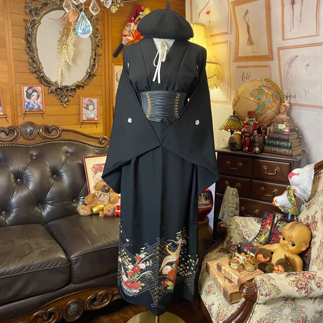 NO 131 着物リメイクワンピース　黒留袖リメイクワンピース 黒留袖 単衣着物 リメイク ワンピース ドレス ロング 和洋折衷 洗える