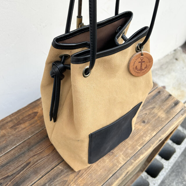 nico：タン（タンニン染め帆布×イタリアンレザー巾着バッグ）受注製作
