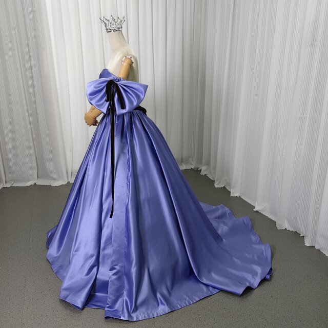 カラードレス パープル ベアトップ 取り外し袖 リボン 光沢サテン