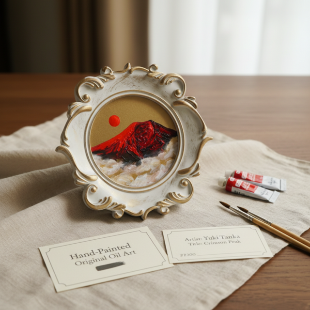 縁起物 ミニ絵画「旭日赤富士」油絵 油彩画 原画 インテリアに | iichi