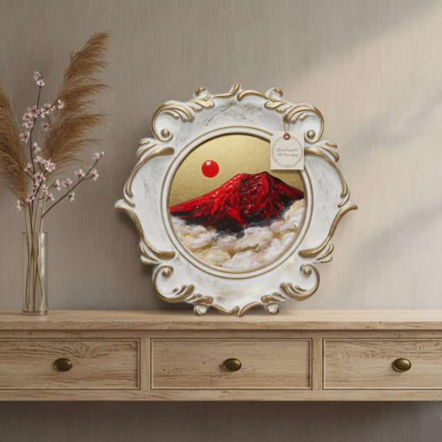 縁起物 ミニ絵画「旭日赤富士」油絵 油彩画 原画 インテリアに | iichi