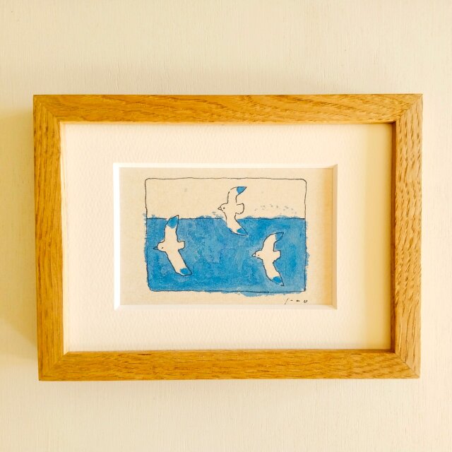 原画「海とカモメ」※木製額縁入り（2Lサイズ）・水彩・イラスト