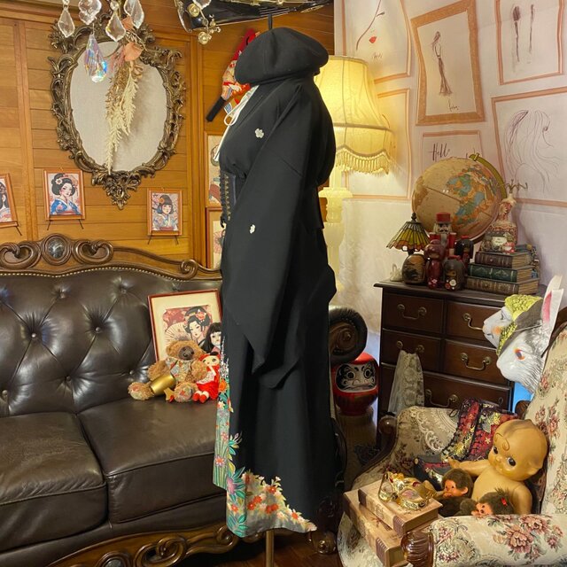 黒留袖 着物 リメイク ワンピース ドレス 和洋折衷 洗える 化繊 翡翠の
