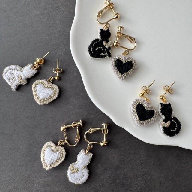 ☆❤️ 猫　ねこ　ハート　薔薇　ピアス　イヤリング　ハンドメイド ☆❤️ 猫 ねこ ハート 薔薇 ピアス イヤリング ハンドメイド