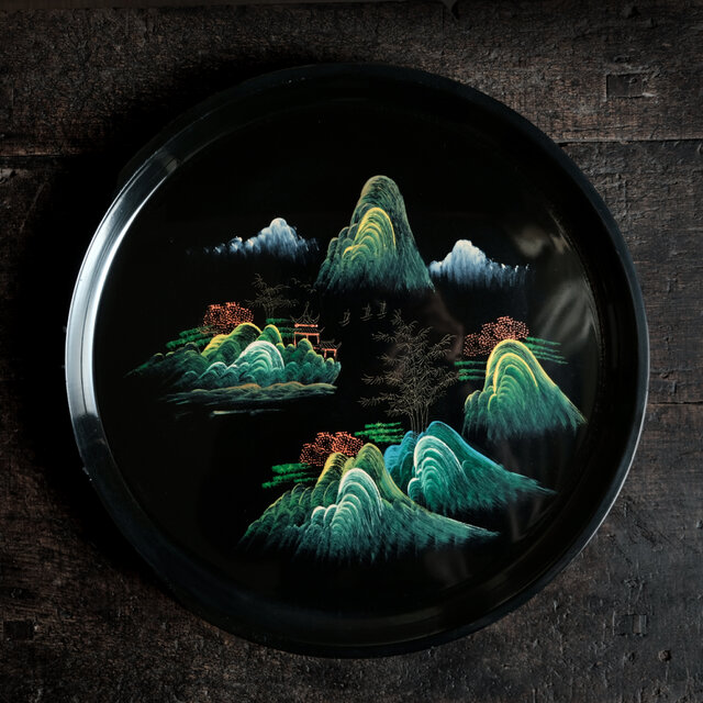 中国漆器　美術品　飾り物 手描きの山水図◇中国漆器 漆芸黒塗十寸大皿 漆器 ビンテージ