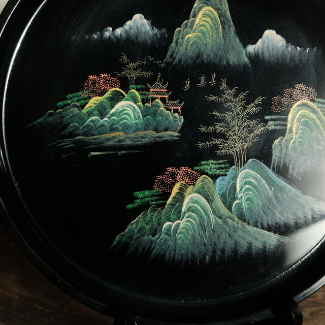 手描きの山水図◇中国漆器 漆芸黒塗十寸大皿 漆器 ビンテージ