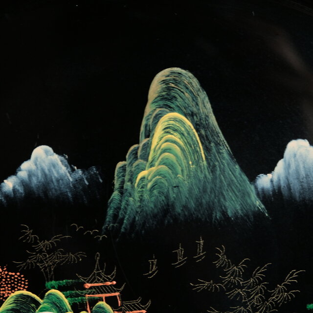 手描きの山水図◇中国漆器 漆芸黒塗十寸大皿 漆器 ビンテージ