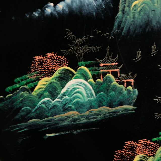 手描きの山水図◇中国漆器 漆芸黒塗十寸大皿 漆器 ビンテージ