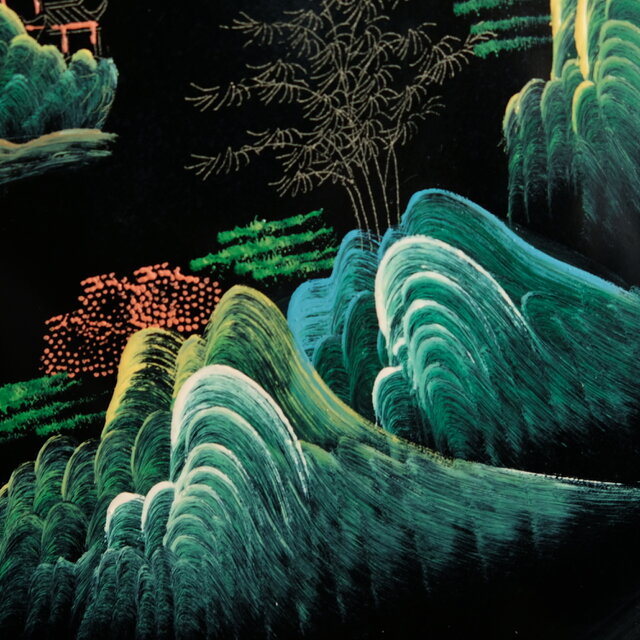 手描きの山水図◇中国漆器 漆芸黒塗十寸大皿 漆器 ビンテージ