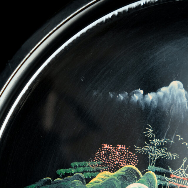 手描きの山水図◇中国漆器 漆芸黒塗十寸大皿 漆器 ビンテージ