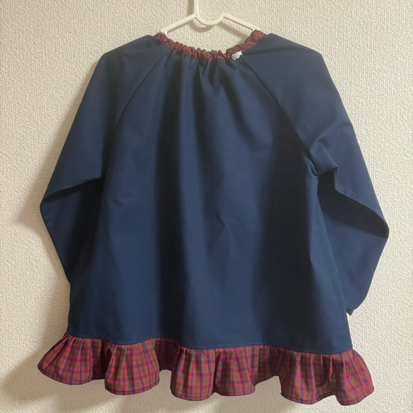 80～160】りんごポケット レッド チェック ネイビー 裾フリル 長袖