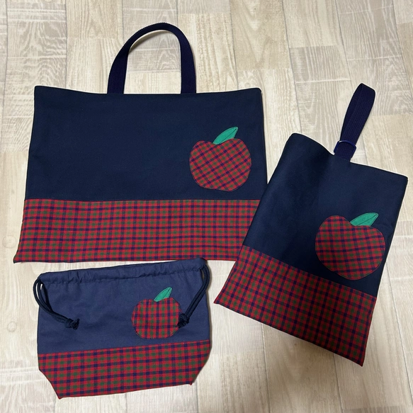 ゆぴろう様オーダー★赤チェックレッスンバックセットりんご 2点セット レッスンバッグ 上履き入れ りんご レッドチェック 裏地