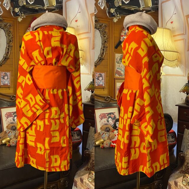 和洋折衷ワンピース 着物アンサンブル ミニミディ 名古屋帯サッシュベルト付き ハンドメイド レトロ 古着 情熱の朱色に踊るポップモダン aKW-133 和洋折衷ワンピース 着物アンサンブル ミニミディ 名古屋帯サッシュ