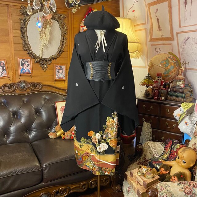 黒留袖 着物 リメイク ワンピース ドレス 和洋折衷 洗える 化繊 黄金の