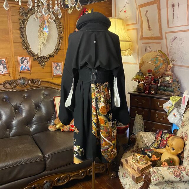 黒留袖 着物 リメイク ワンピース ドレス 和洋折衷 洗える 化繊 黄金の