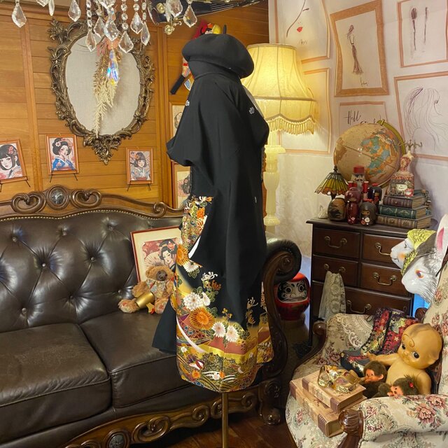黒留袖 着物 リメイク ワンピース ドレス 和洋折衷 洗える 化繊 黄金の
