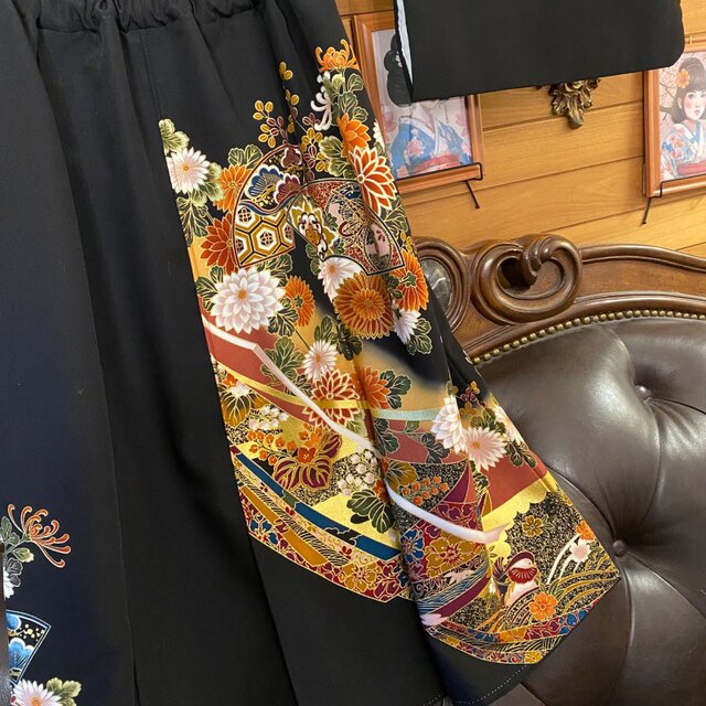 黒留袖 着物 リメイク ワンピース ドレス 和洋折衷 洗える 化繊 黄金の
