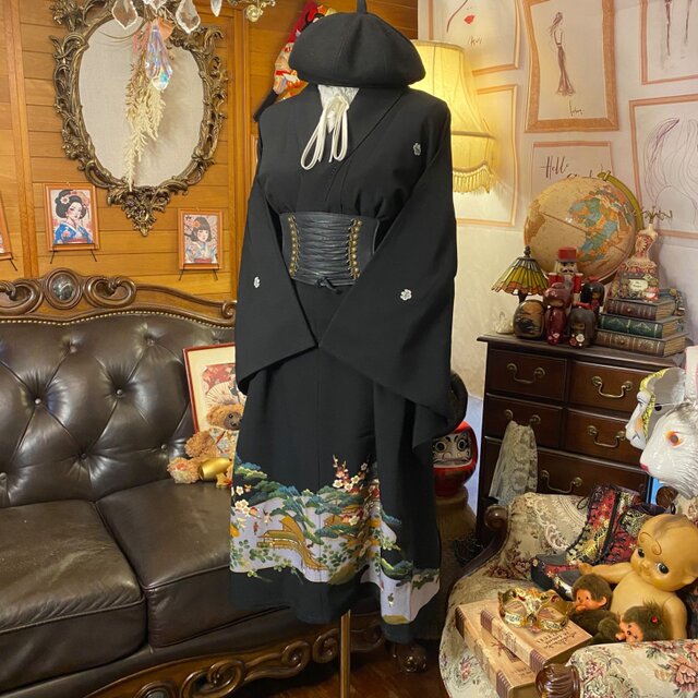 ★565着物リメイク…黒留袖からワンピース 黒留袖 着物 リメイク ワンピース ドレス 和洋折衷 洗える 化繊 悠久の