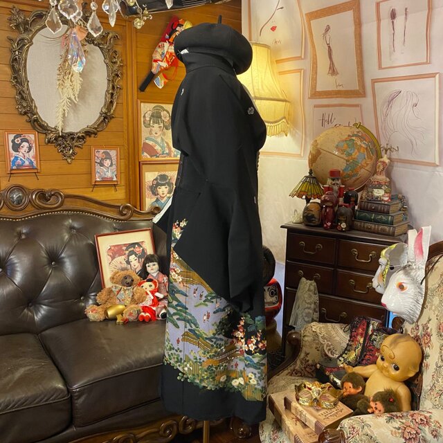 黒留袖 着物 リメイク ワンピース ドレス 和洋折衷 洗える 化繊 悠久の
