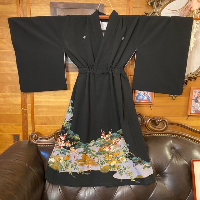 黒留袖 着物 リメイク ワンピース ドレス 和洋折衷 洗える 化繊 悠久の