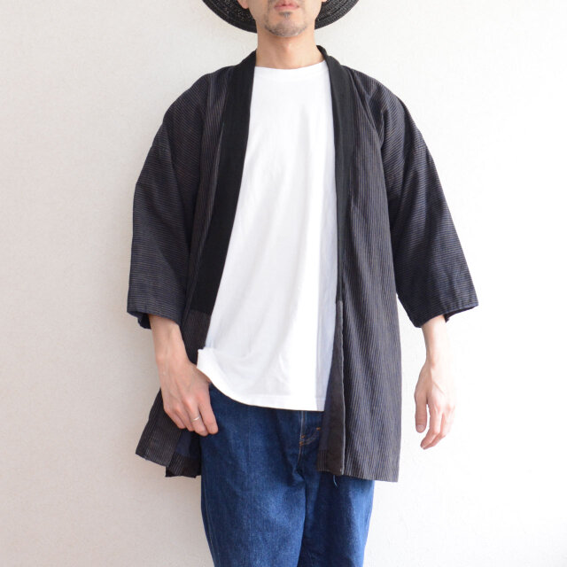 野良着 昭和中期 藍染 縞模様 木綿 筒袖 ジャパンヴィンテージ Noragi