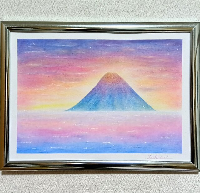 富士夕景　乙女峠より　パステル画 富士夕景 乙女峠より パステル画