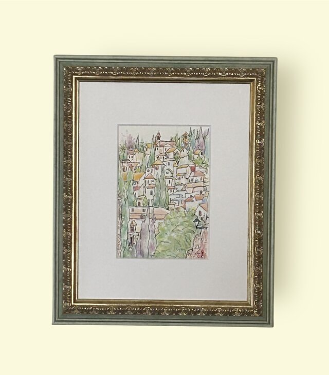 対岸から（スペイン、グラナダ、原画、透明水彩、額付き） | iichi