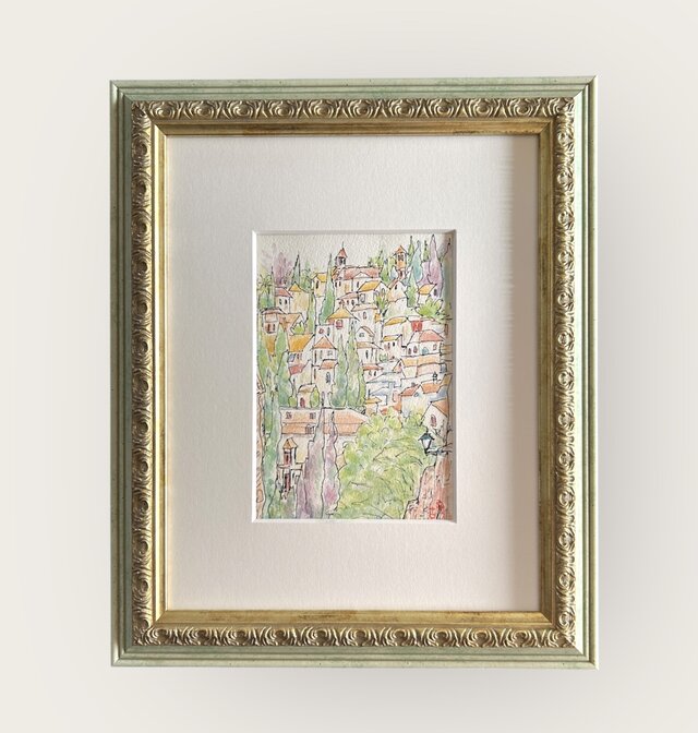 対岸から（スペイン、グラナダ、原画、透明水彩、額付き） | iichi