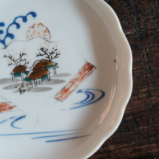 絵皿　朝顔　夏風景　骨董品　稀少！ 素朴で可愛い時代色絵小皿3客◇瀬戸焼 花文骨董・antiques 丁寧な