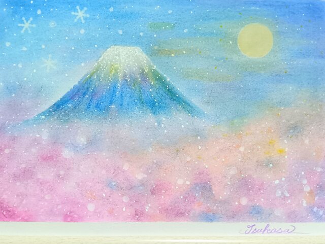 パステル画（原画）空。 A4】パステルアート 桜咲く宵の富士山と雪月花 パステル画原画 | iichi