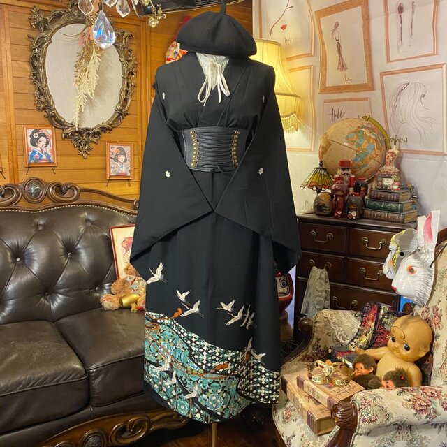 黒留袖 着物 リメイク ワンピース ドレス セミロング 和洋折衷 洗える