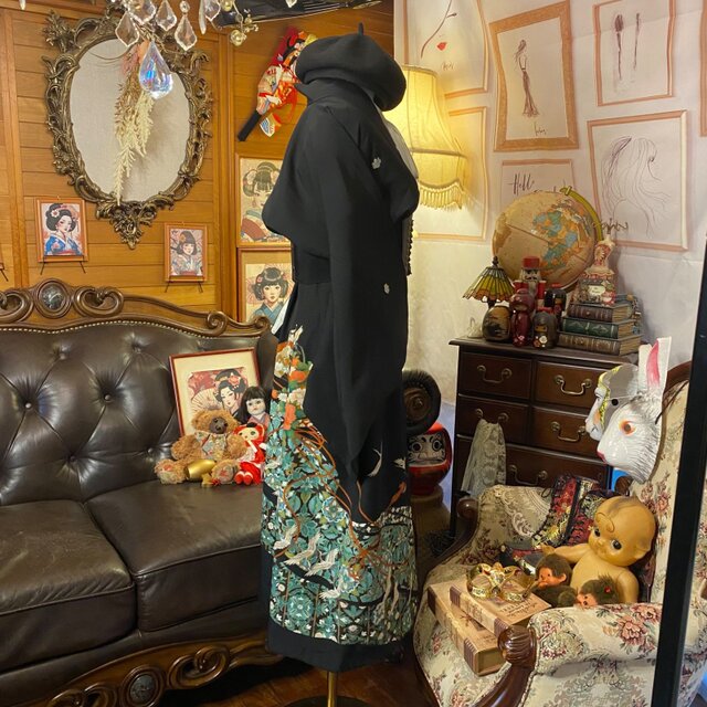 黒留袖 着物 リメイク ワンピース ドレス セミロング 和洋折衷 洗える