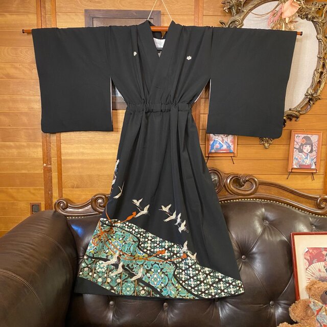 黒留袖 着物 リメイク ワンピース ドレス セミロング 和洋折衷 洗える