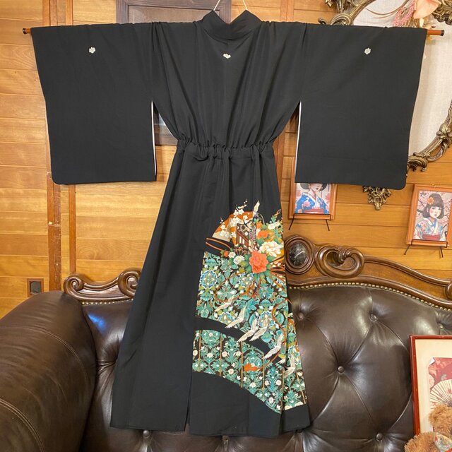 黒留袖 着物 リメイク ワンピース ドレス セミロング 和洋折衷 洗える