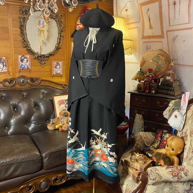 黒留袖 着物 リメイク ワンピース ドレス セミロング 和洋折衷 洗える