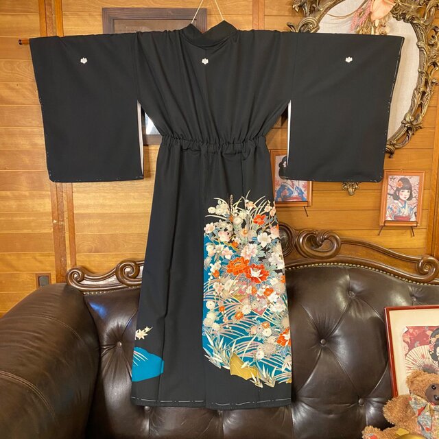 黒留袖 着物 リメイク ワンピース ドレス セミロング 和洋折衷 洗える