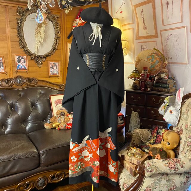 留袖 着物 リメイク ワンピース ドレス ロング 和洋折衷 洗える 化繊