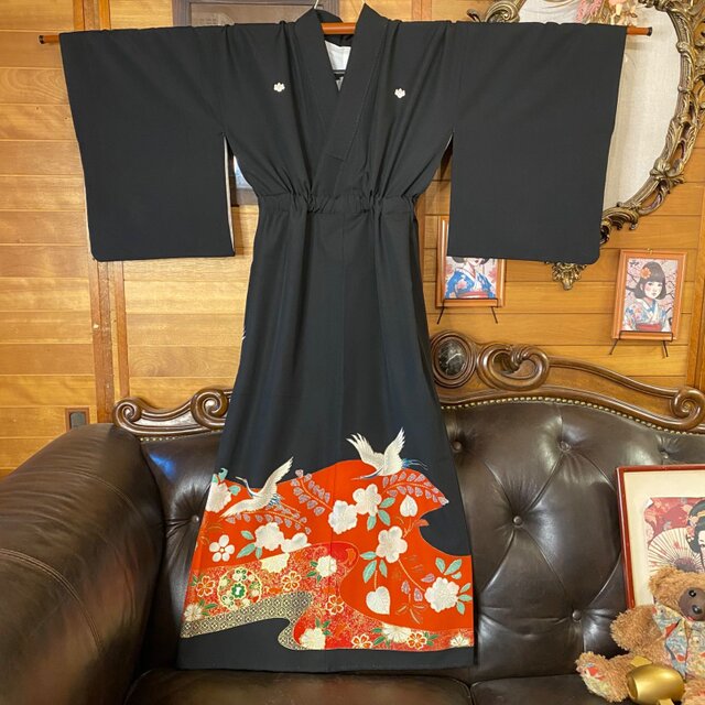 留袖 着物 リメイク ワンピース ドレス ロング 和洋折衷 洗える 化繊