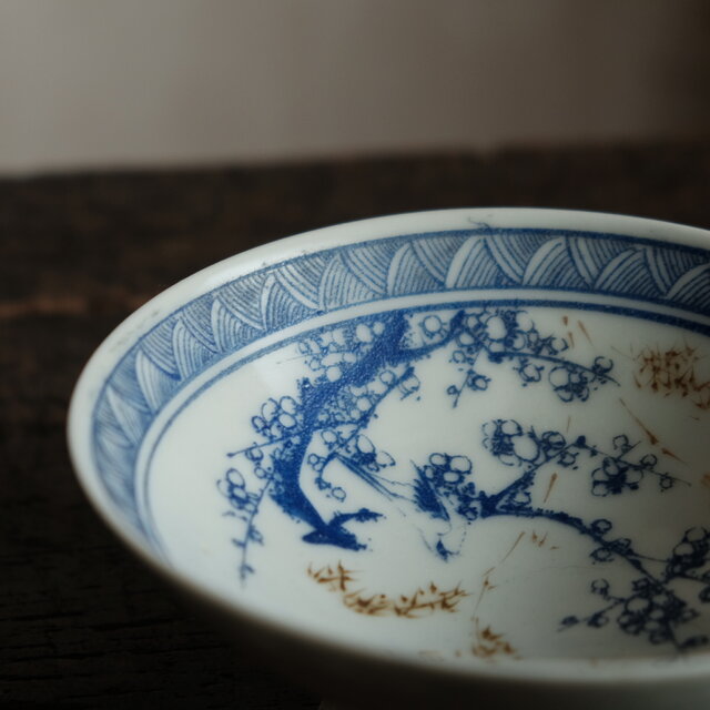 メジロと竹梅◇漢文も素敵。時代物 印判金彩盃型鉢 碗 骨董・antiques