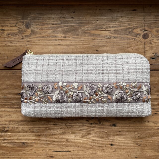 インド刺繍リボンL字ファスナー長財布(グレー系ツイードⅠ) | iichi