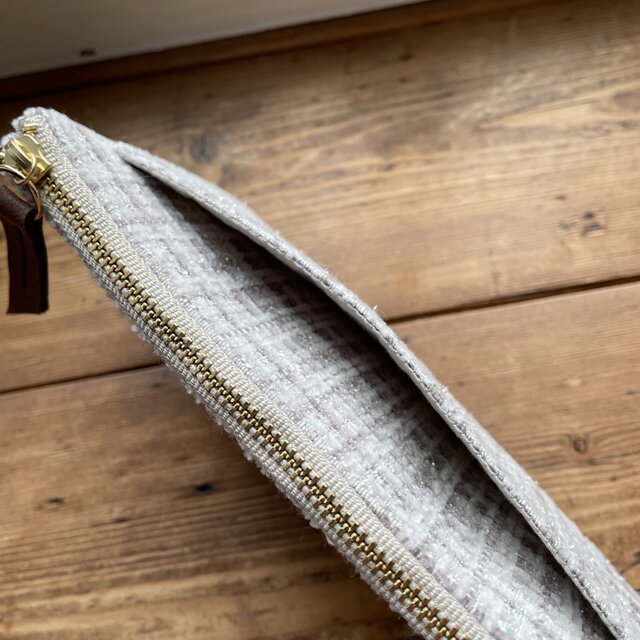 インド刺繍リボンL字ファスナー長財布(グレー系ツイードⅠ) | iichi