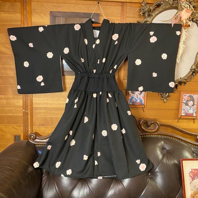 着物リメイク ワンピース ドレス 洗える 化繊 名古屋帯サッシュベルト