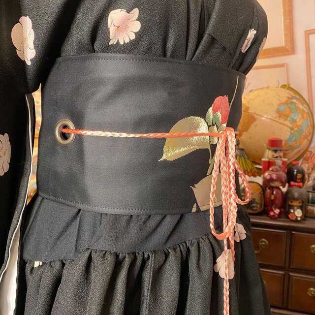 着物リメイク ワンピース ドレス 洗える 化繊 名古屋帯サッシュベルト