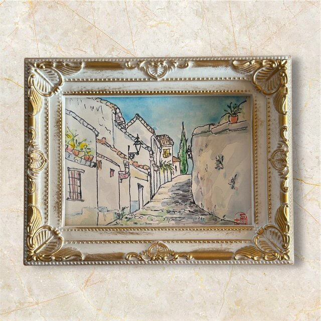 坂道をのぼれば(スペイン、グラナダ、着彩画、原画、透明水彩、写真