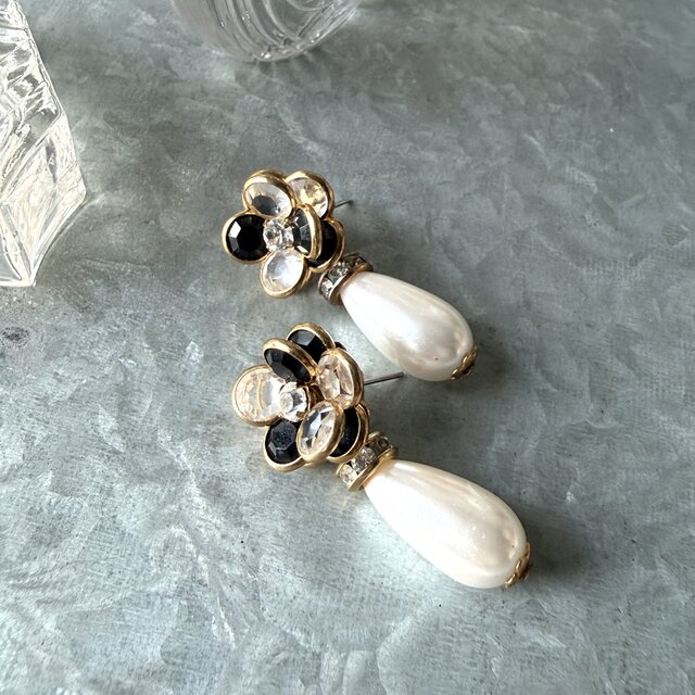 ピアス　No.688 P737-ヴィンテージピアス Cut Glass Rhinestone Floral Drop Pearl