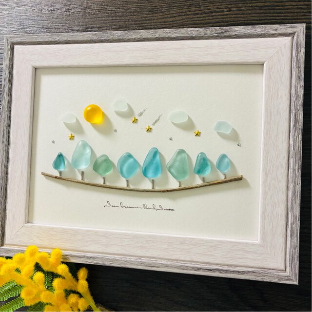 シーグラスアート　seaglass 天然石art ✴︎ 星降る森の湖畔の家 シーグラスアート インテリア雑貨 癒しの森 星に願いを 観葉植物 置物